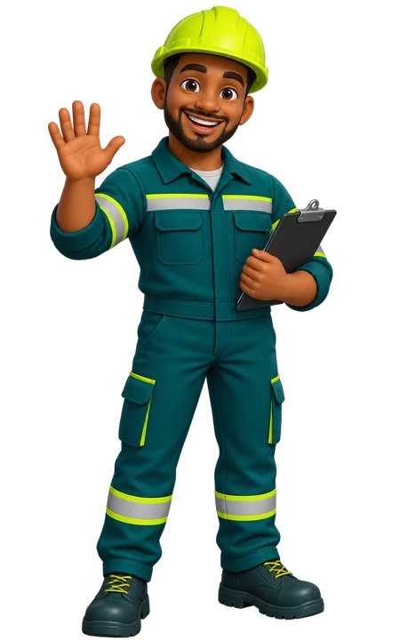 Mascote do aplicativo: trabalhador sorridente de uniforme verde-petróleo e capacete verde-lima, acenando.
